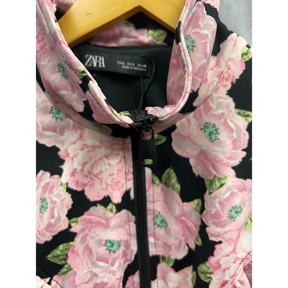 Zara Womens Jacket Full Zip Up Roses Flower Print Elastic Waist Jacket Size L - Picture 5 of 8